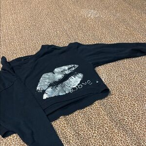 Black Cropped Sweatshirt with Silver Lip Print